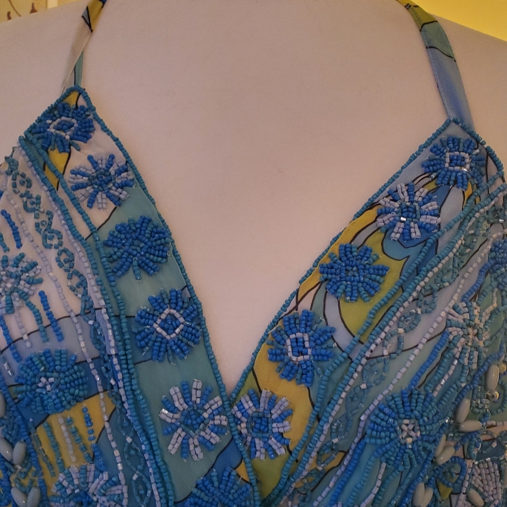 BOSTON PROPER SILK MAXI DRESS, NWT, size large, blues and yellow.